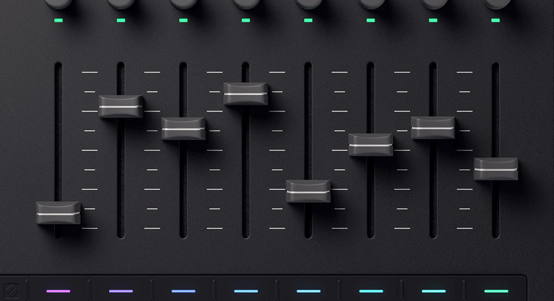 A cutout image of the Launch Control XL 3's top panel showing just the faders.