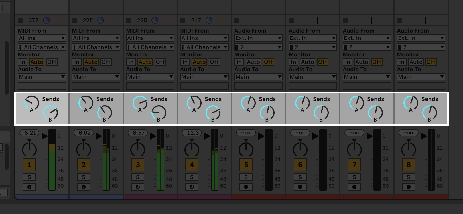 A screenshot of Ableton Live with the Send controls highlighted.