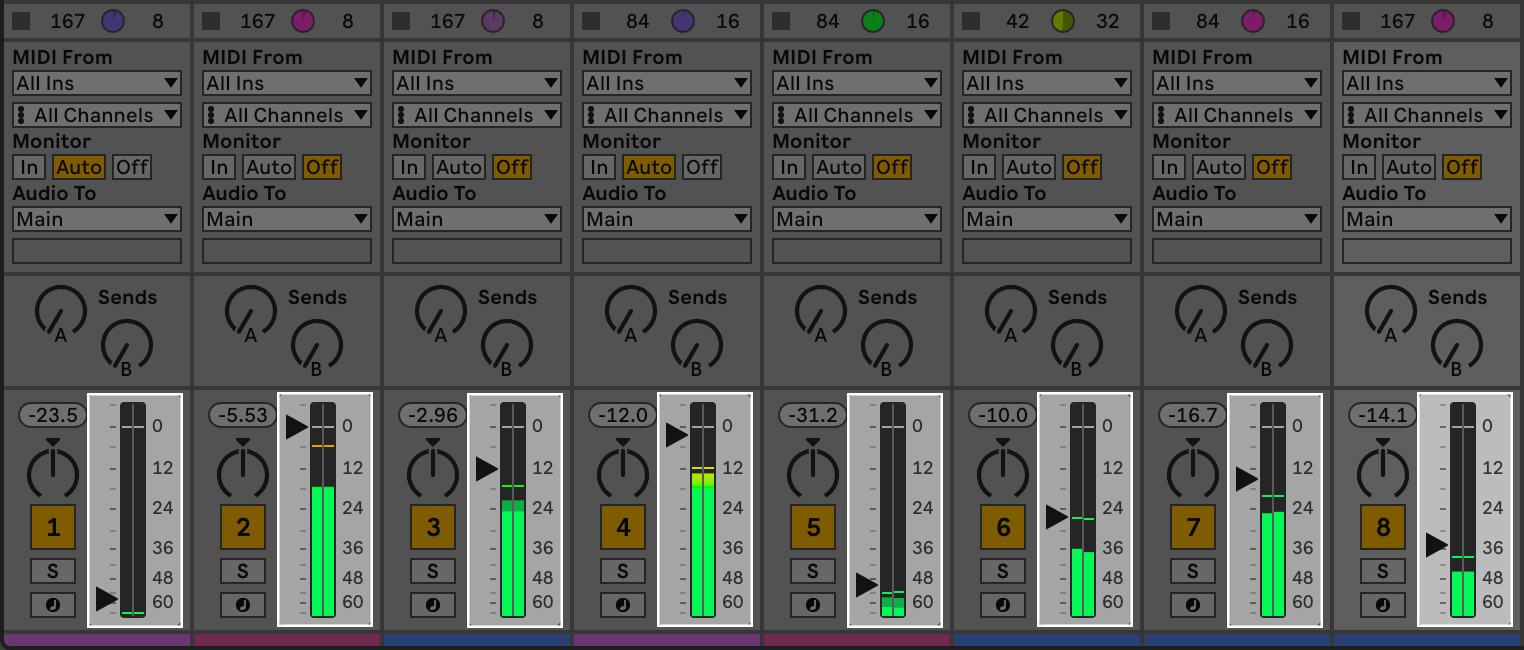 A screenshot of Ableton Live with the volume controls highlighted.