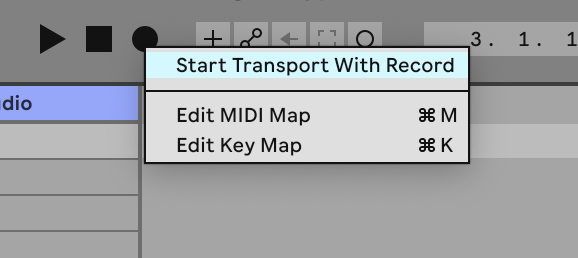 A screenshot of Ableton Live after right-clicking on the record button to show the Start Transport With Record option.