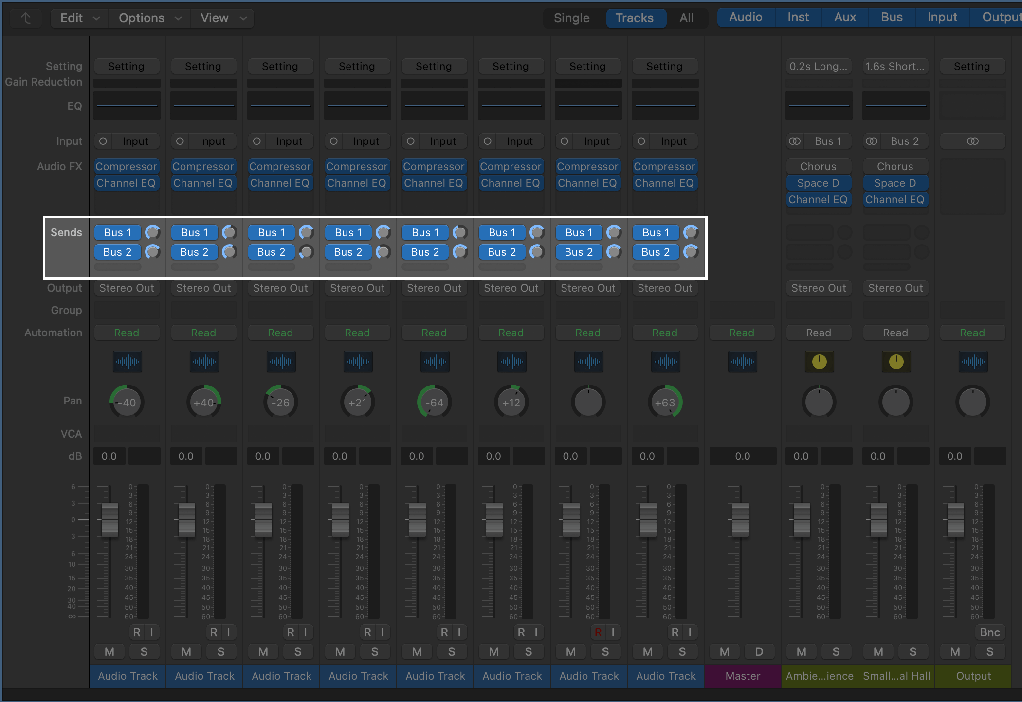 A screenshot of Logic Pro with the Send controls highlighted.