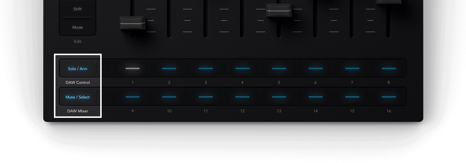 A top-down image of the Launch Control XL 3 with the Solo/Arm and Mute/Select buttons highlighted.