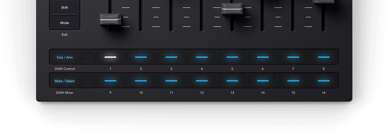 A top-down image of the fader buttons while the Mode button is held to show the mode selection options.