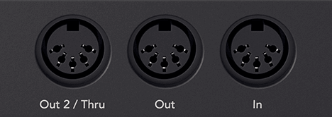 A cutout image of the Launch Control XL 3's back panel showing the three 5-pin DIN MIDI Ports, from left to right Out 2/Thru, Out, and In.