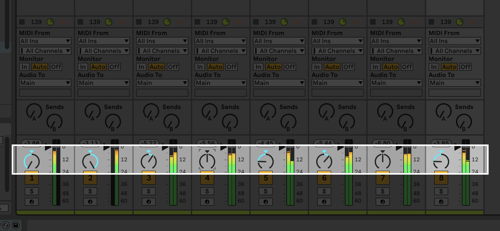 A screenshot of Ableton Live with the Pan controls highlighted.