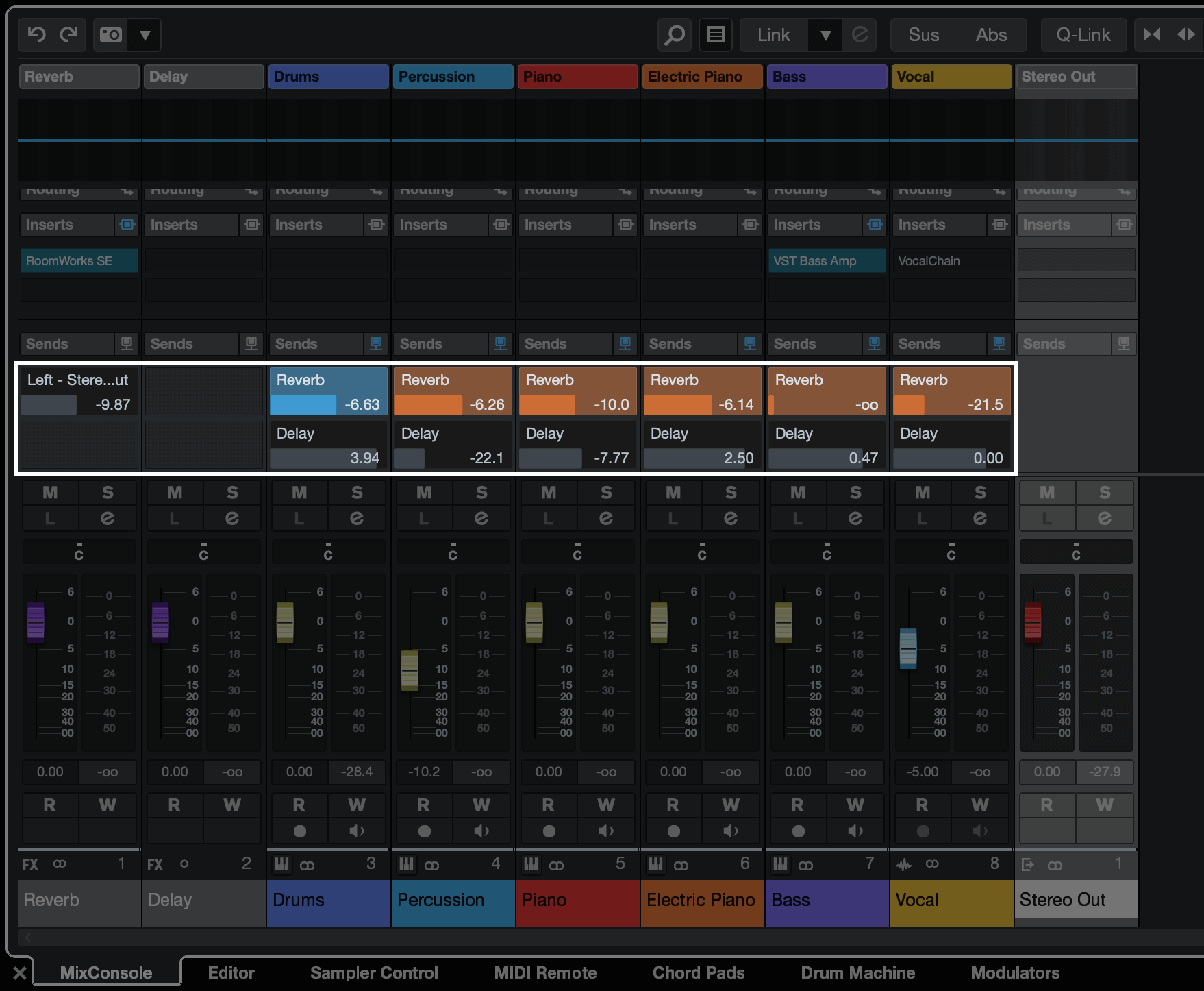 A screenshot of Cubase with the Send controls highlighted.