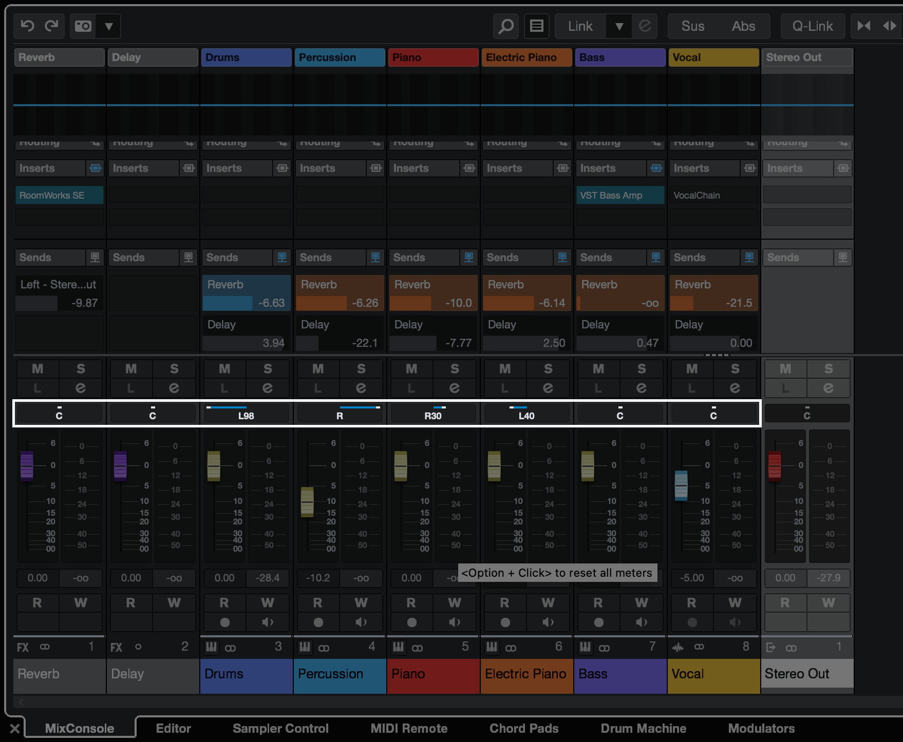 A screenshot of Cubase with the Pan controls highlighted.