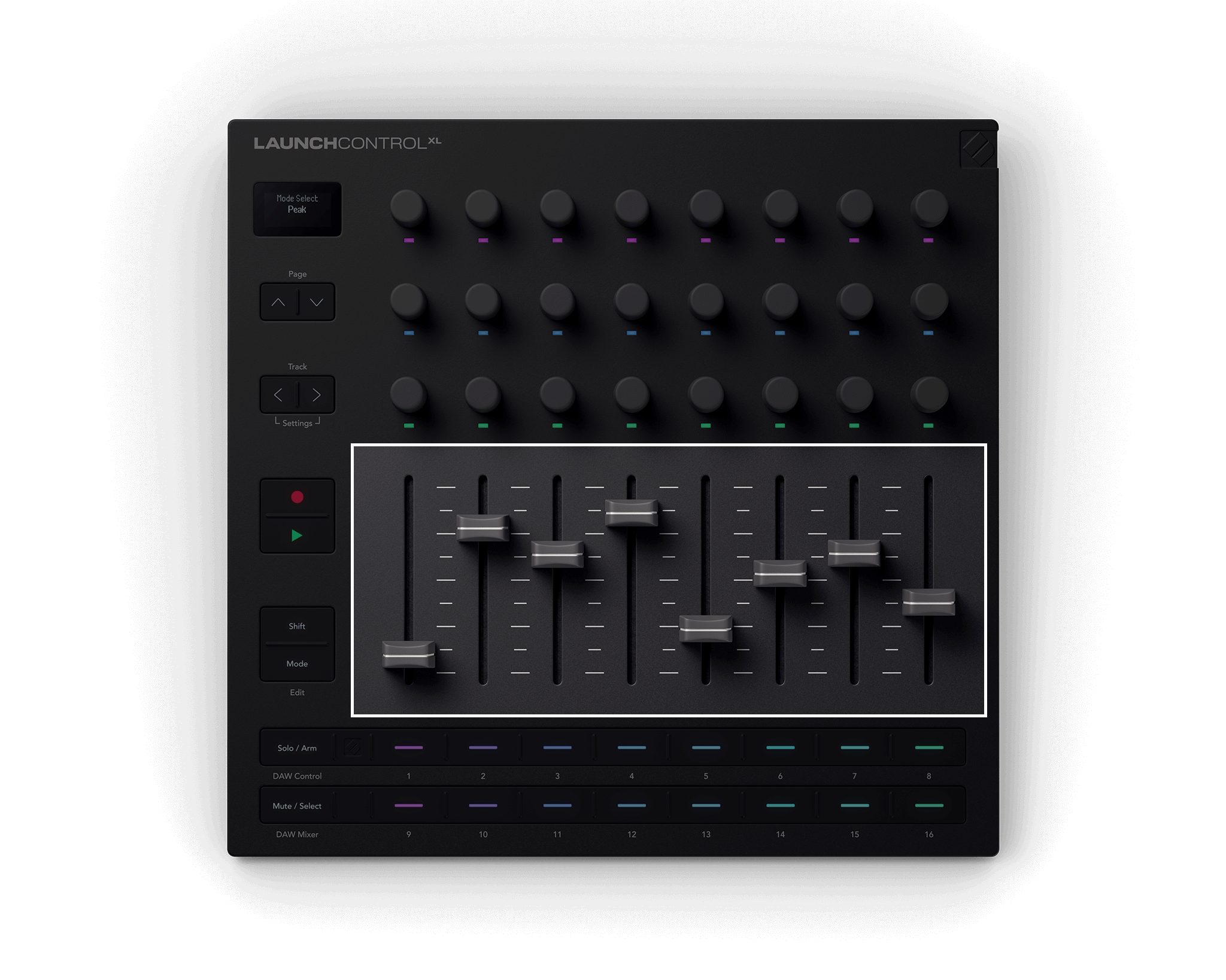 A top-down image of the Launch Control XL 3 with the faders highlighted.