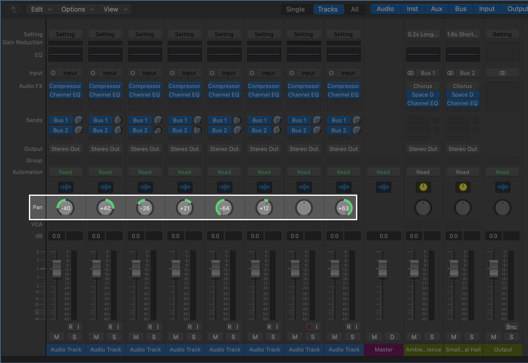 A screenshot of Logic Pro with the Pan controls highlighted.