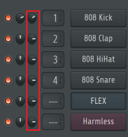 A screenshot of FL Studio's channel rack with the pan controls highlighted.