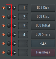 A screenshot of FL Studio's channel rack with the volume controls highlighted.