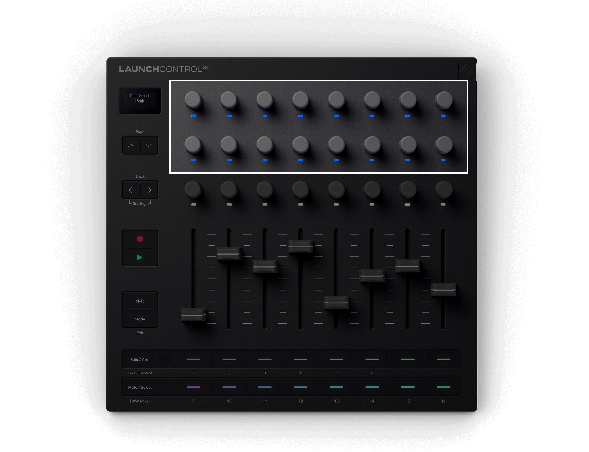 A top-down image of the Launch Control XL 3 with the top two rows of encoders highlighted.