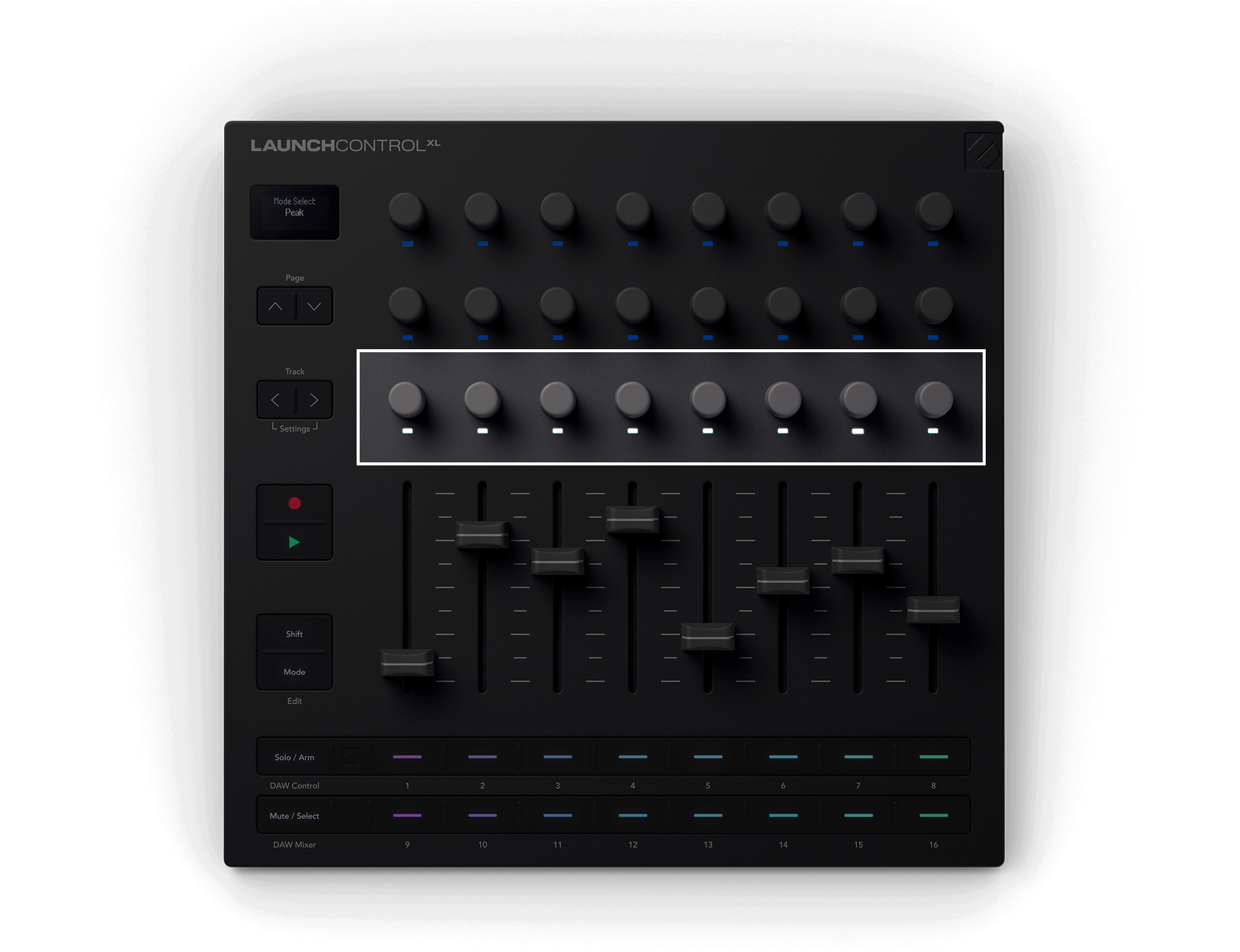 A top-down image of the Launch Control XL 3 with the third row of encoders highlighted.