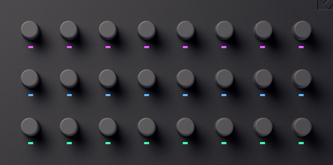 A cutout image of the Launch Control XL 3's top panel showing just the encoders.