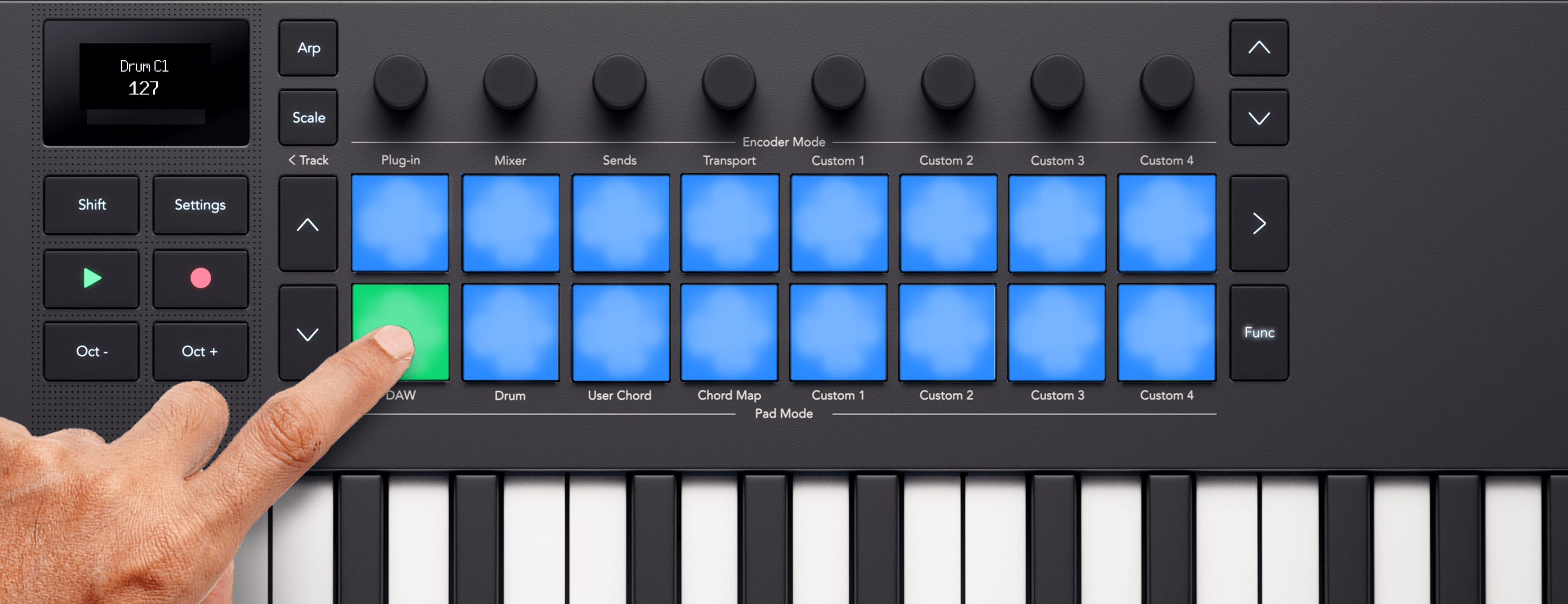A diagram showing the Launchkey Mini pad lights for Drum pad mode.