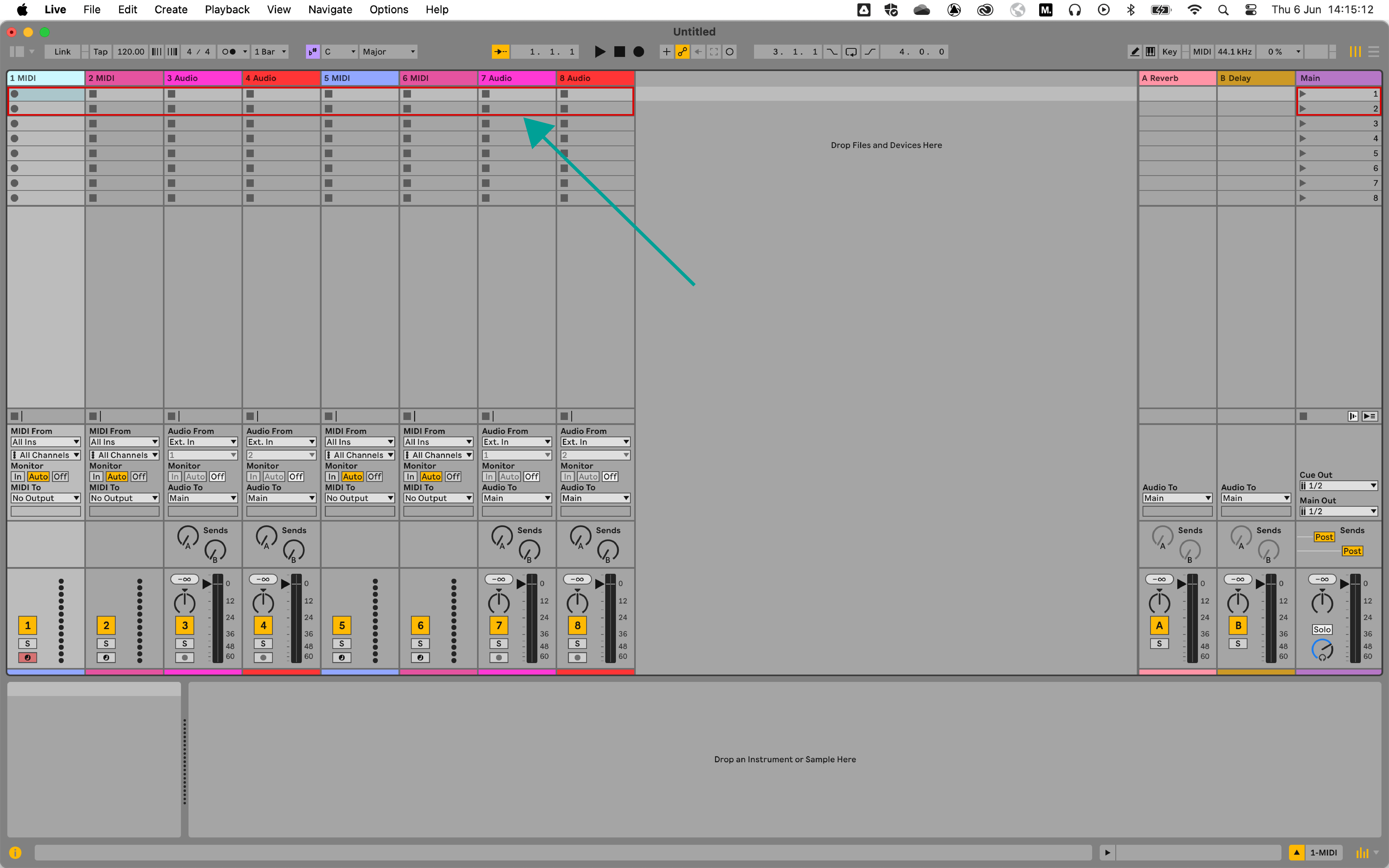 A screenshot of Ableton's default view after plugging in your Launchkey, the red 2×8 box surrounds the clips visible on Launchkey's pads.
