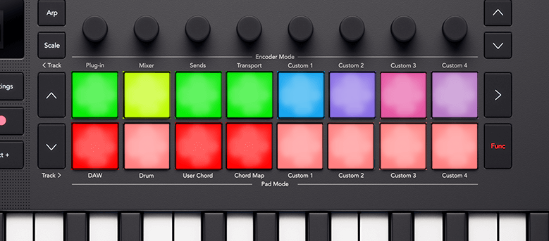 Ableton's Clip Stop function, the bottom row of pads, are lit red to show the stop states of Ableton's tracks.