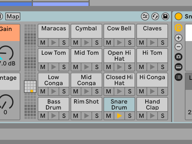 A screenshot of Ableton Live's drum rack with the Snare Drum selected.