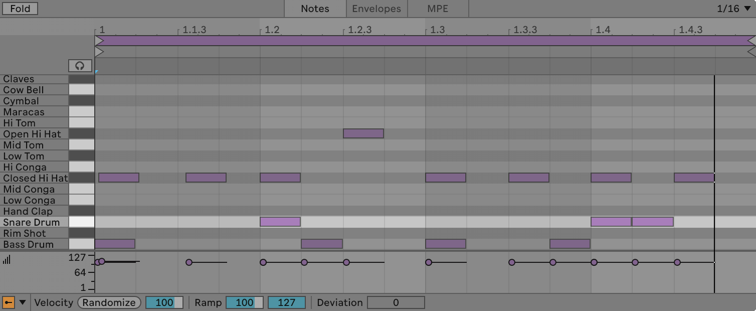 A screenshot of Ableton's sequencer, sequencing drums.