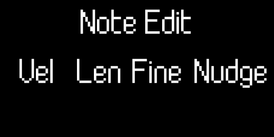 Launchkey's screen in Note Edit mode, showing what is assigned to the encoders: Velocity, Length, Fine, and Nudge