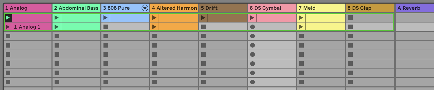 The sequences available in Live as reflected on the Launchkey's pads.