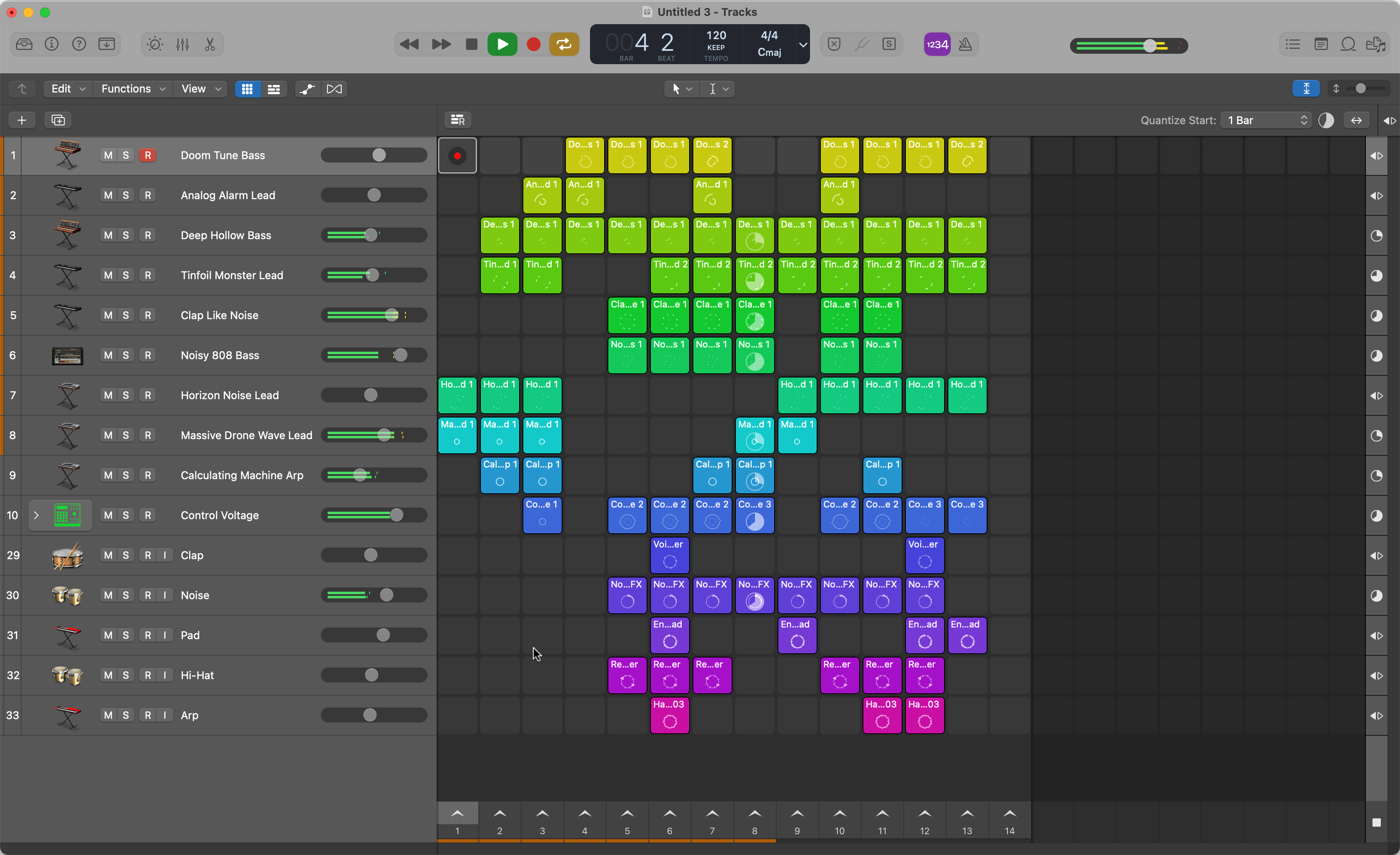 A screenshot of Logic Pro's Live Loops mode to match the pads.