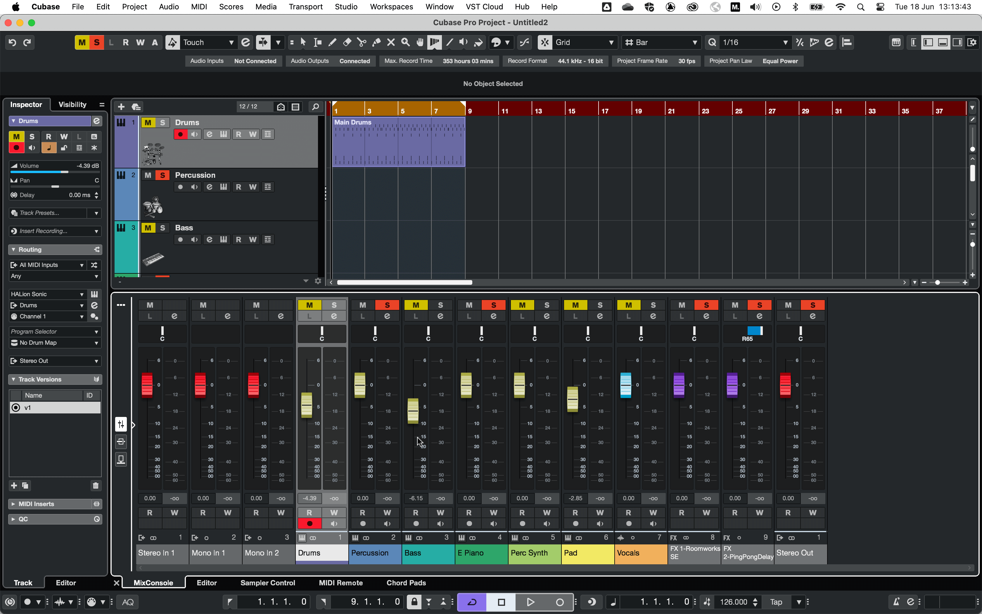 A screenshot of Cubase showing how the DAW mode relates to the pad colours.