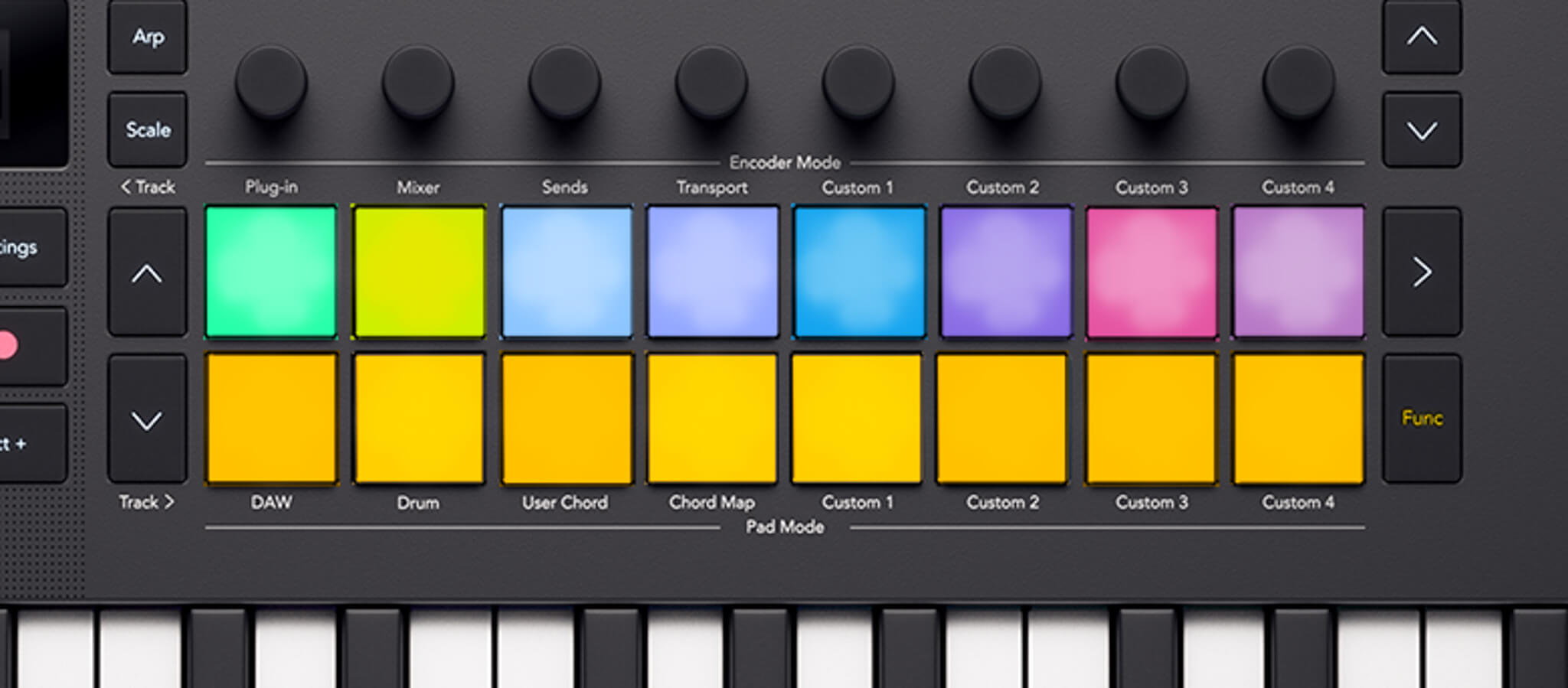 Ableton's Clip Mute function, the bottom row of pads are lit yellow to show the mute states of Ableton's tracks.