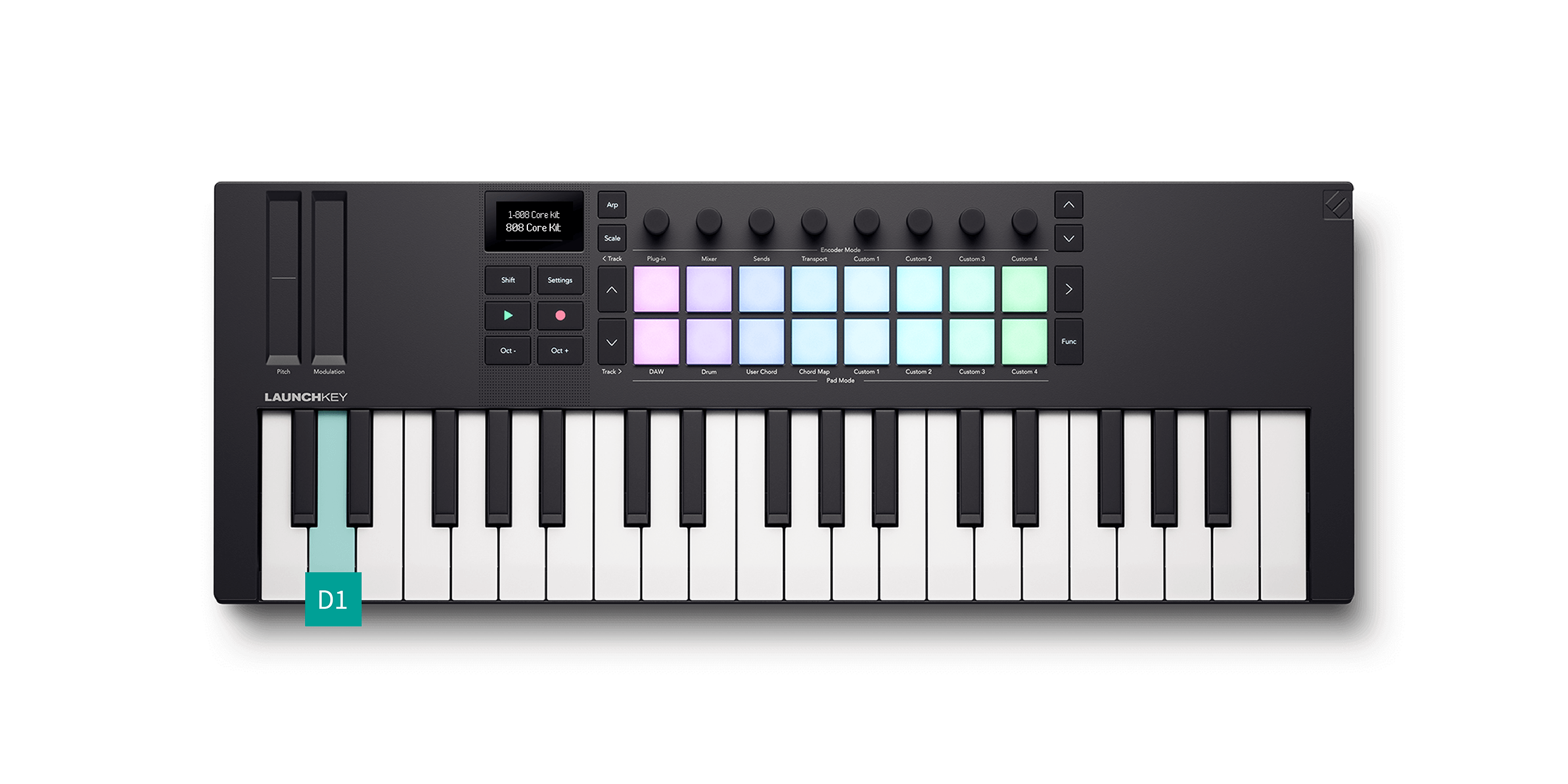 A diagram showing how to select a drum in drum sequencer mode by pressing and holding a key.