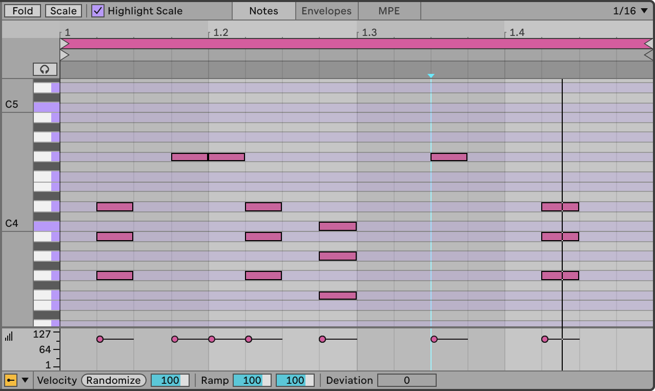 A screenshot of Ableton's sequencer, sequencing a melody.