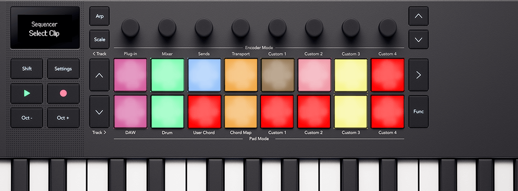 Launchkey's pads lit showing which clips you can select to display and sequence.