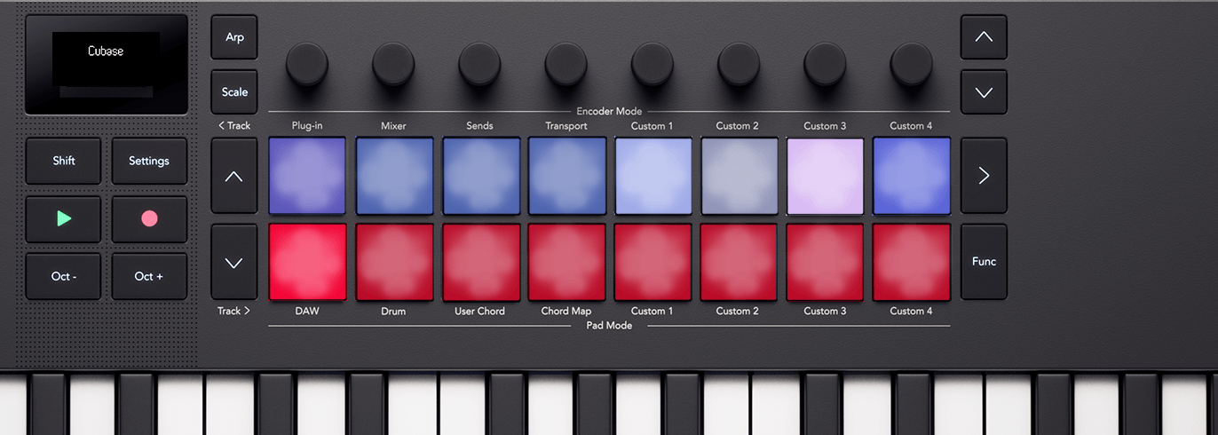Top down of the Launchkey Mini showing how the pads appear in Cubase's DAW mode.
