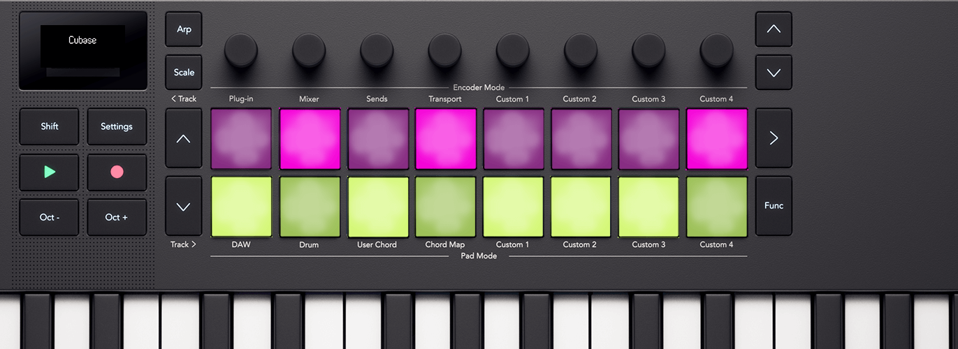 Top down of the Launchkey Mini showing how the pads appear on page two of Cubase's DAW mode.