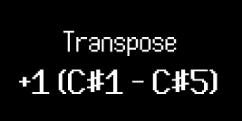 The screen shows Transpose, the change, and the current keyboard range.