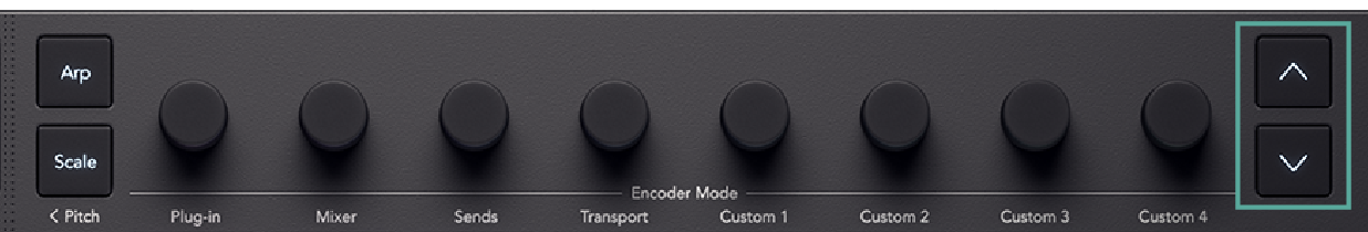 Launchkey Mini encoders with the encoder buttons highlighted.