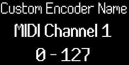 When you've set a custom encoder name, the screen shows the custom encoder name, MIDI Channel, and value.