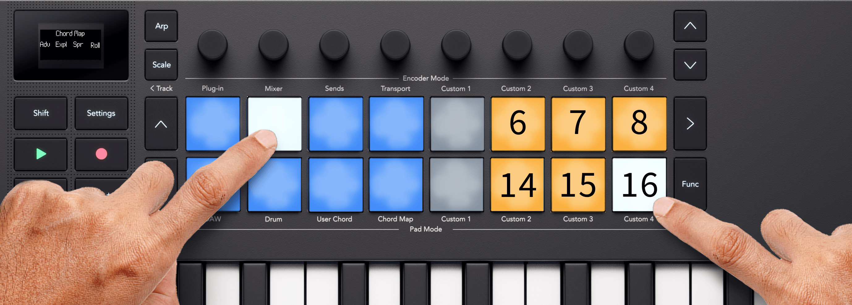 Launchkey Mini Chord map mode with the pad layout. The right-most six pads labelled 6, 7, 8, 14, 15, and 16 top to bottom.