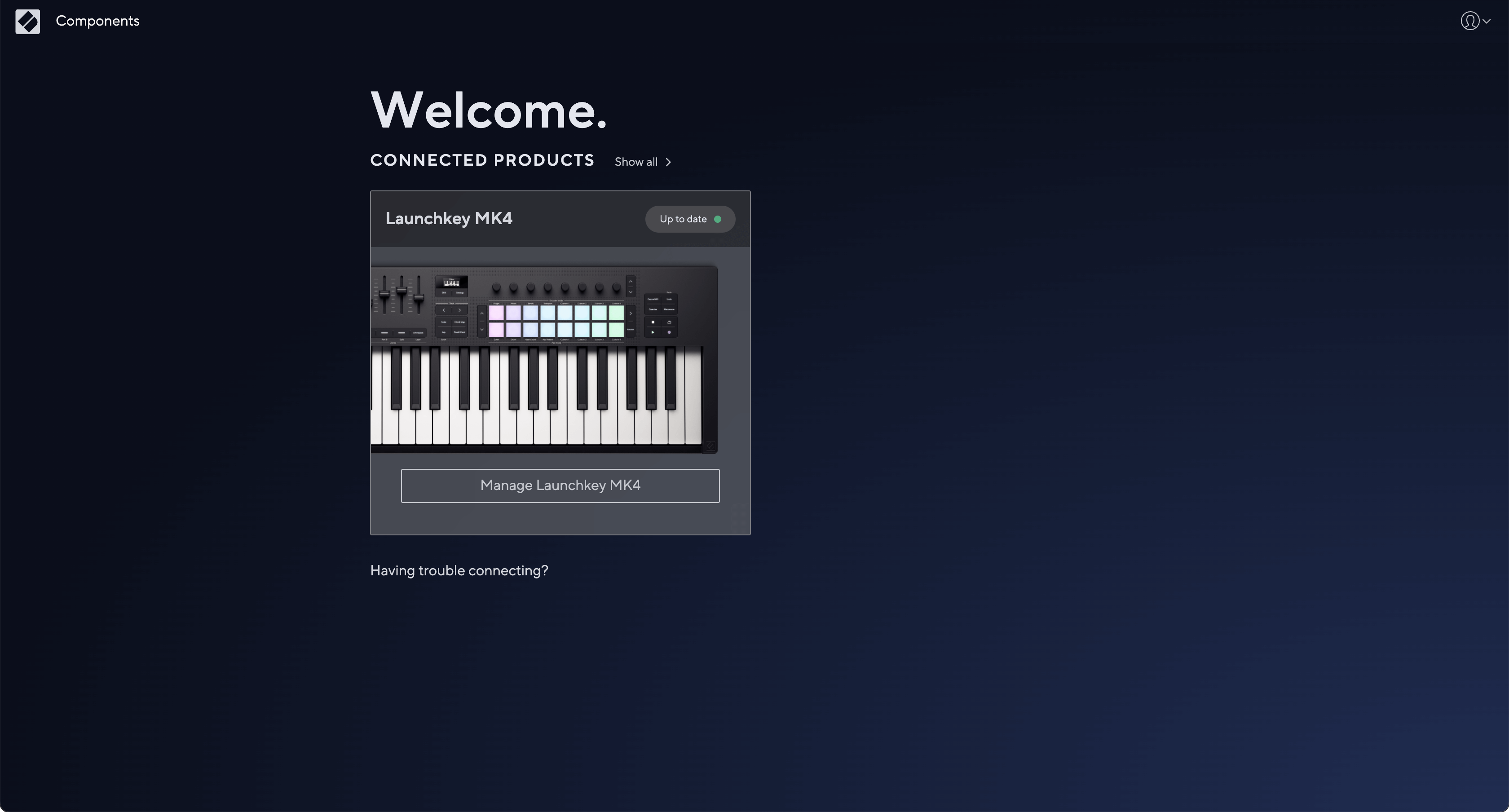 A screenshot of the Components web app home page with the Launchkey MK4 connected.