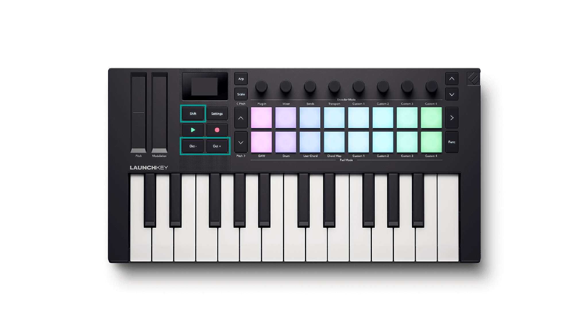 Launchkey top panel with the Shift and Octave buttons highlighted, showing how to transpose the keys.