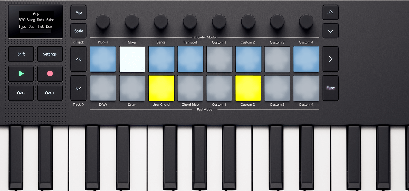 The Launchkey's pads, showing how they light in Arp pattern ratchet mode.