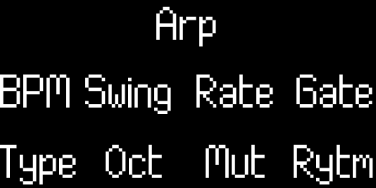 The Launchkey MK4's screen when you press the arp button, showing the encoder parameters, from left to right, BPM, Swing, Rate, Gate, Type, Octave, Mutate and Arp Rhythm.