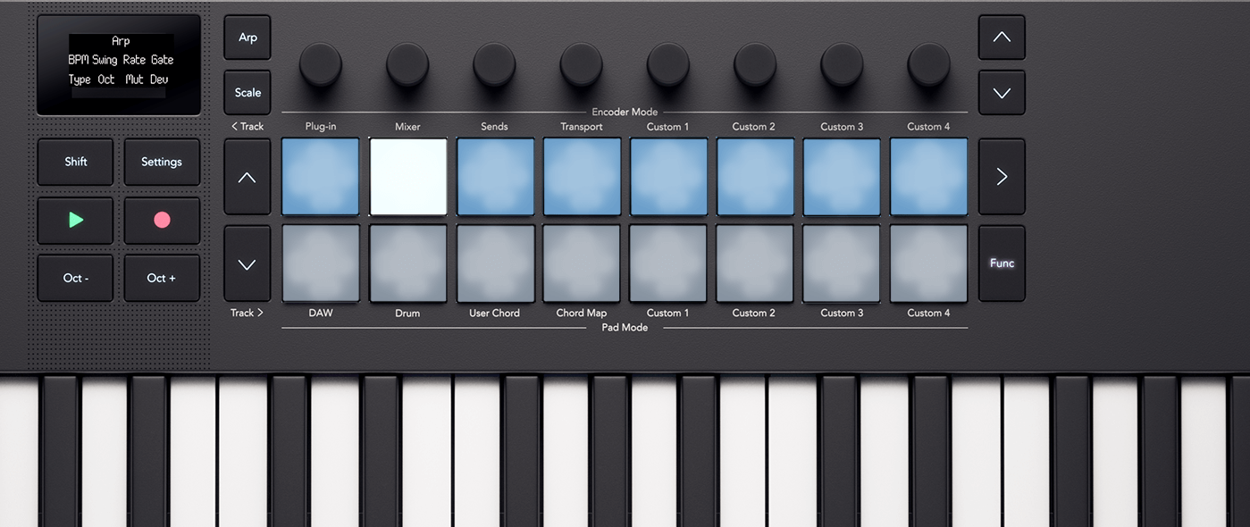 The Launchkey's pads, showing how they light in Arp pattern Mode.