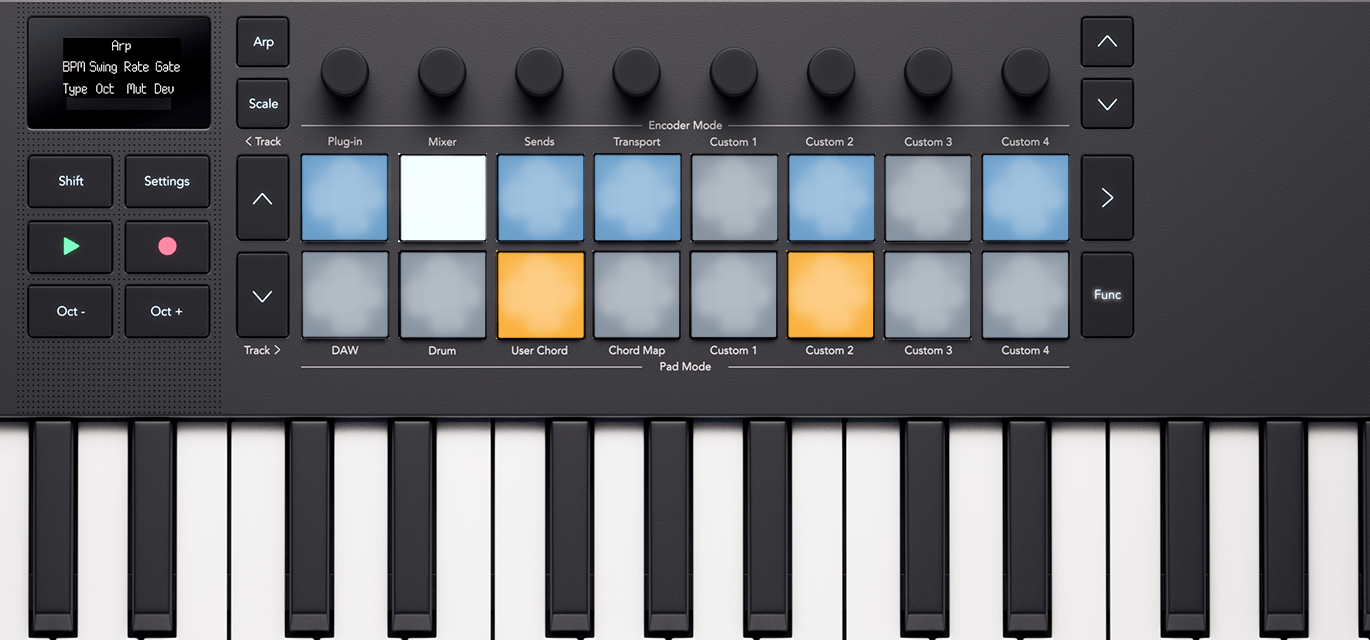 The Launchkey's pads, showing how they light in Arp pattern accent mode.