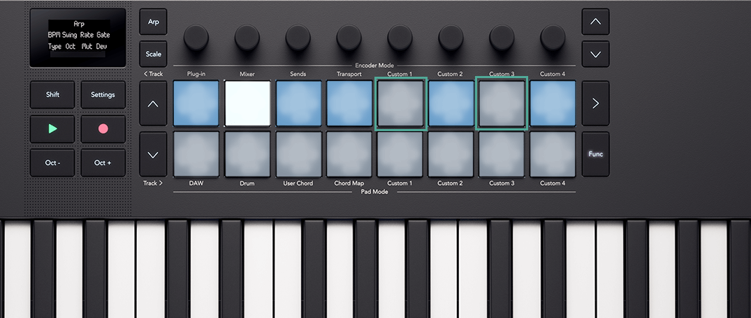 The Launchkey's pads, showing how they light in Arp pattern mode with steps removed.