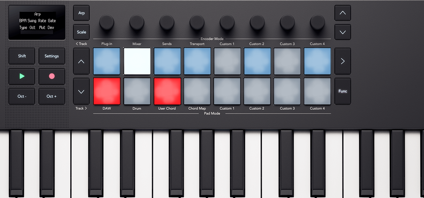 The Launchkey's pads, showing how they light in Arp pattern tie mode.