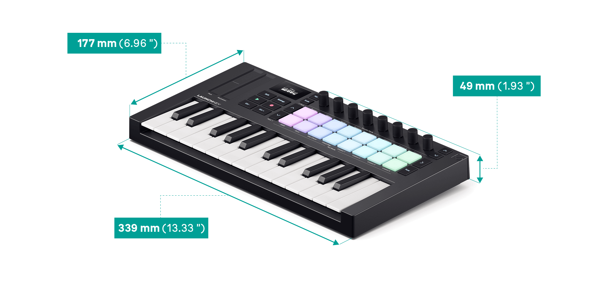 An angled view of the Launchkey Mini 25 with the dimensions listed in the table above.