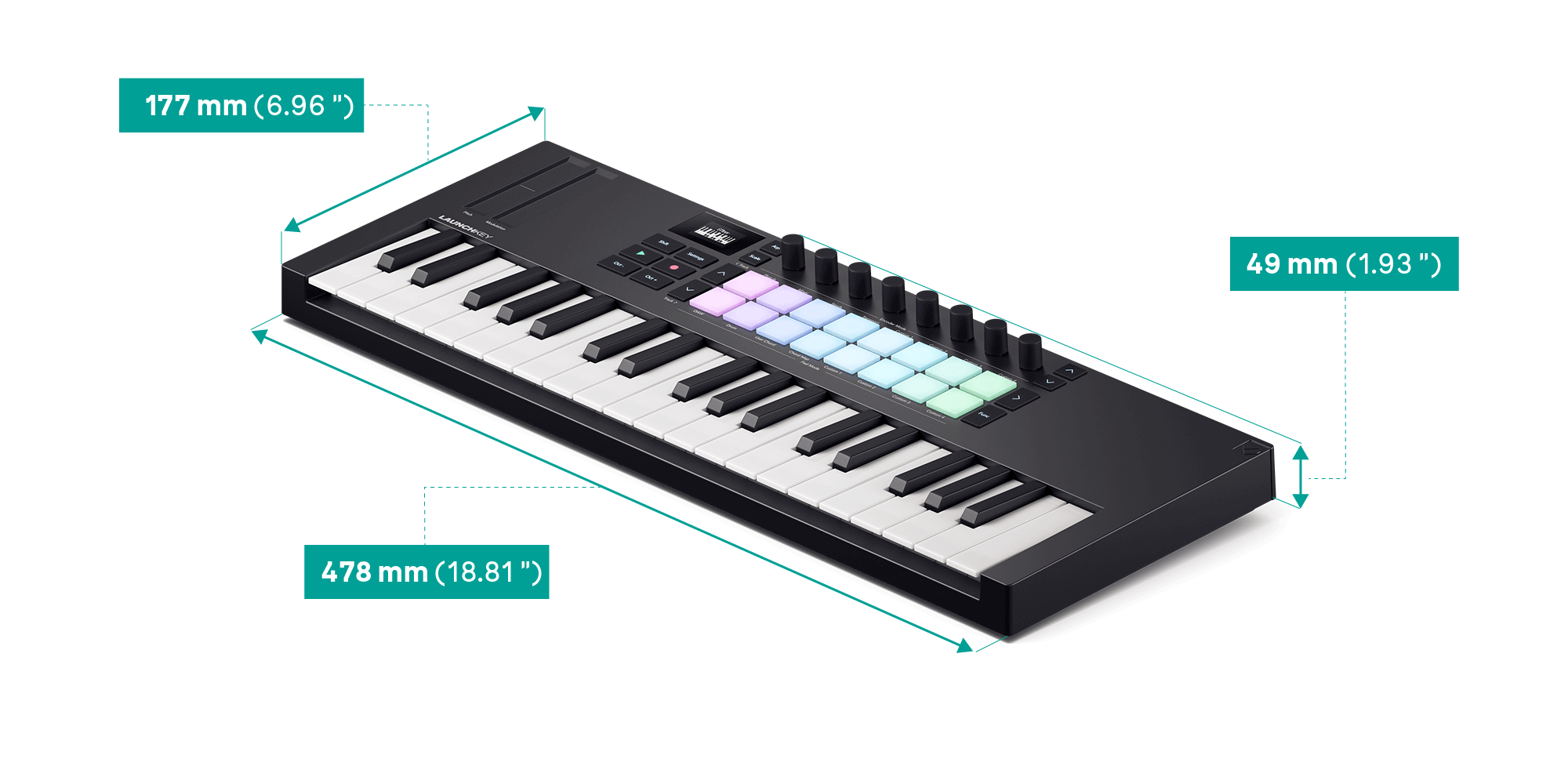 An angled view of the Launchkey Mini 37 with the dimensions listed in the table above.