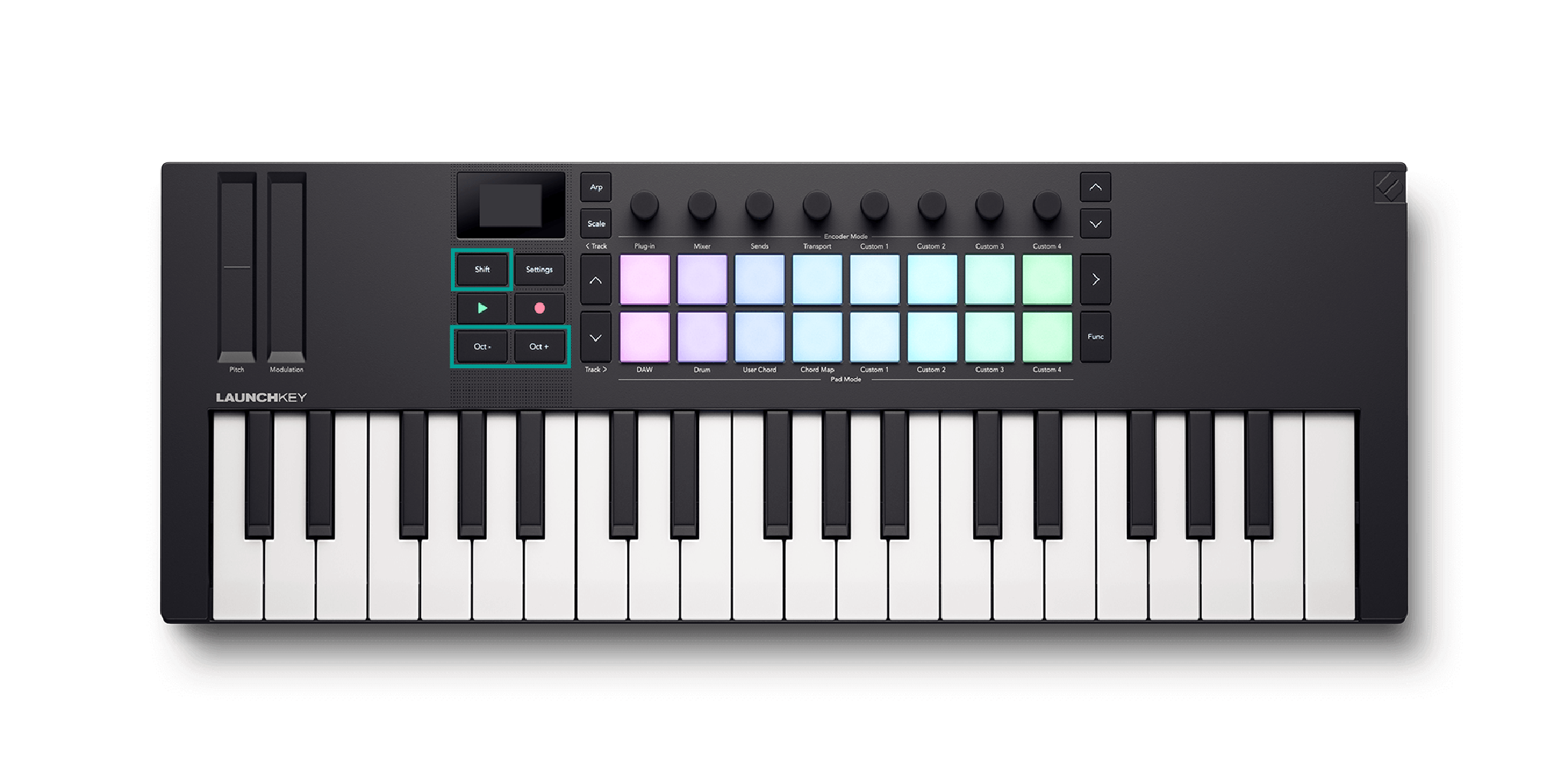 Launchkey top panel with the Shift and Octave buttons highlighted, showing how to transpose the keys.