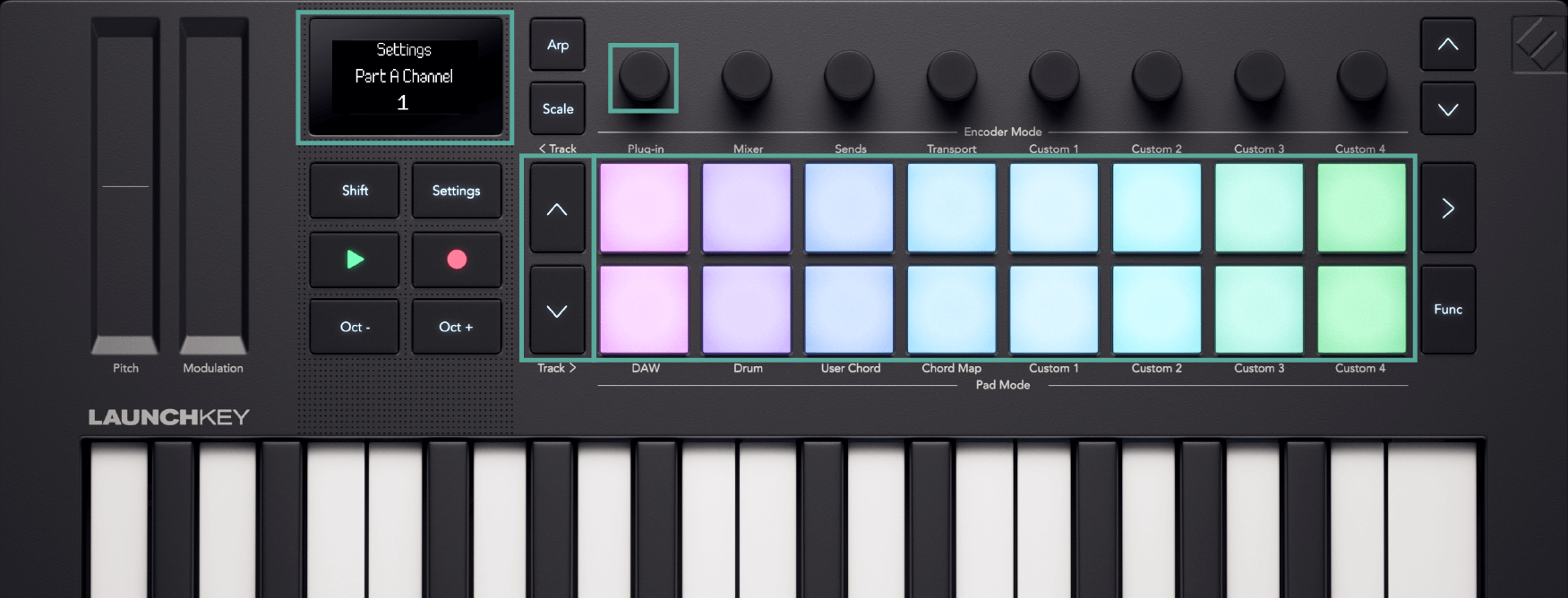 An annotated diagram of the Launchkey Mini showing how to adjust Settings.