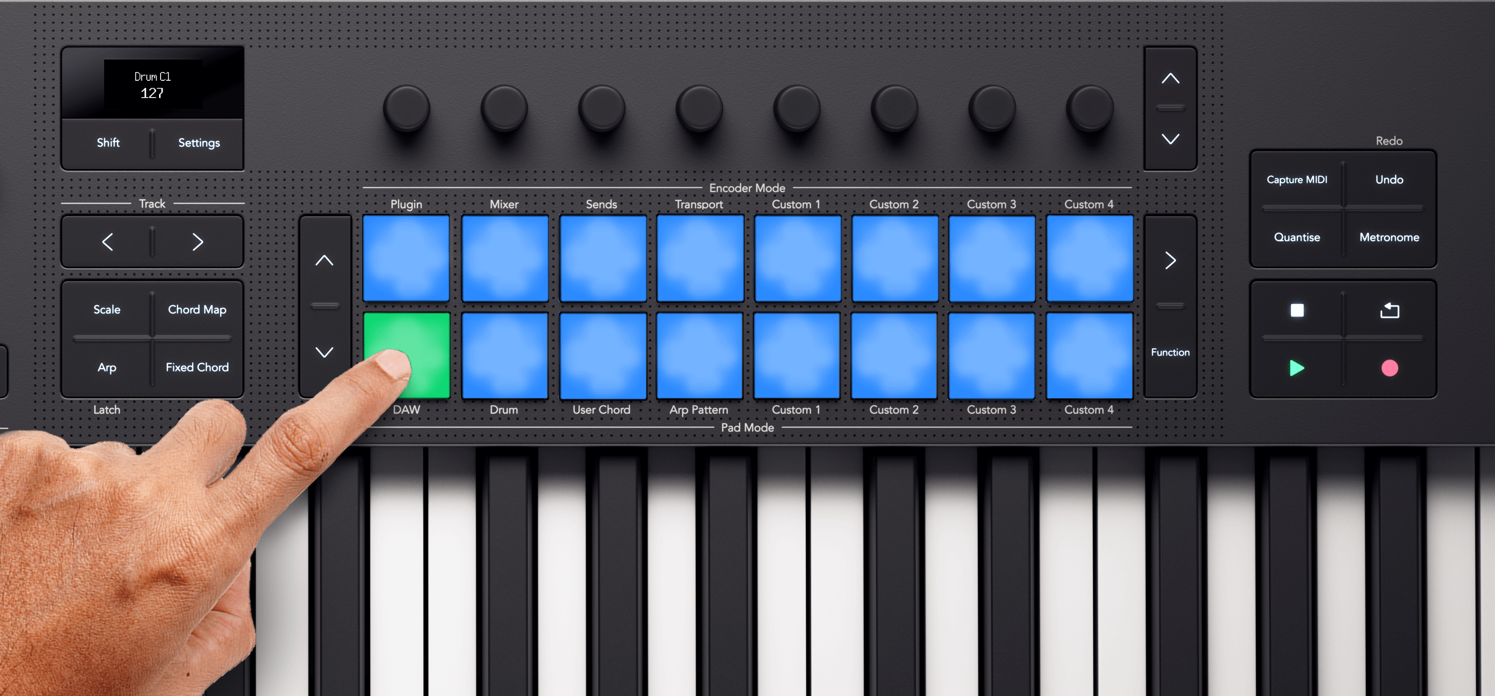 A diagram showing the Launchkey pad lights for Drum pad mode.
